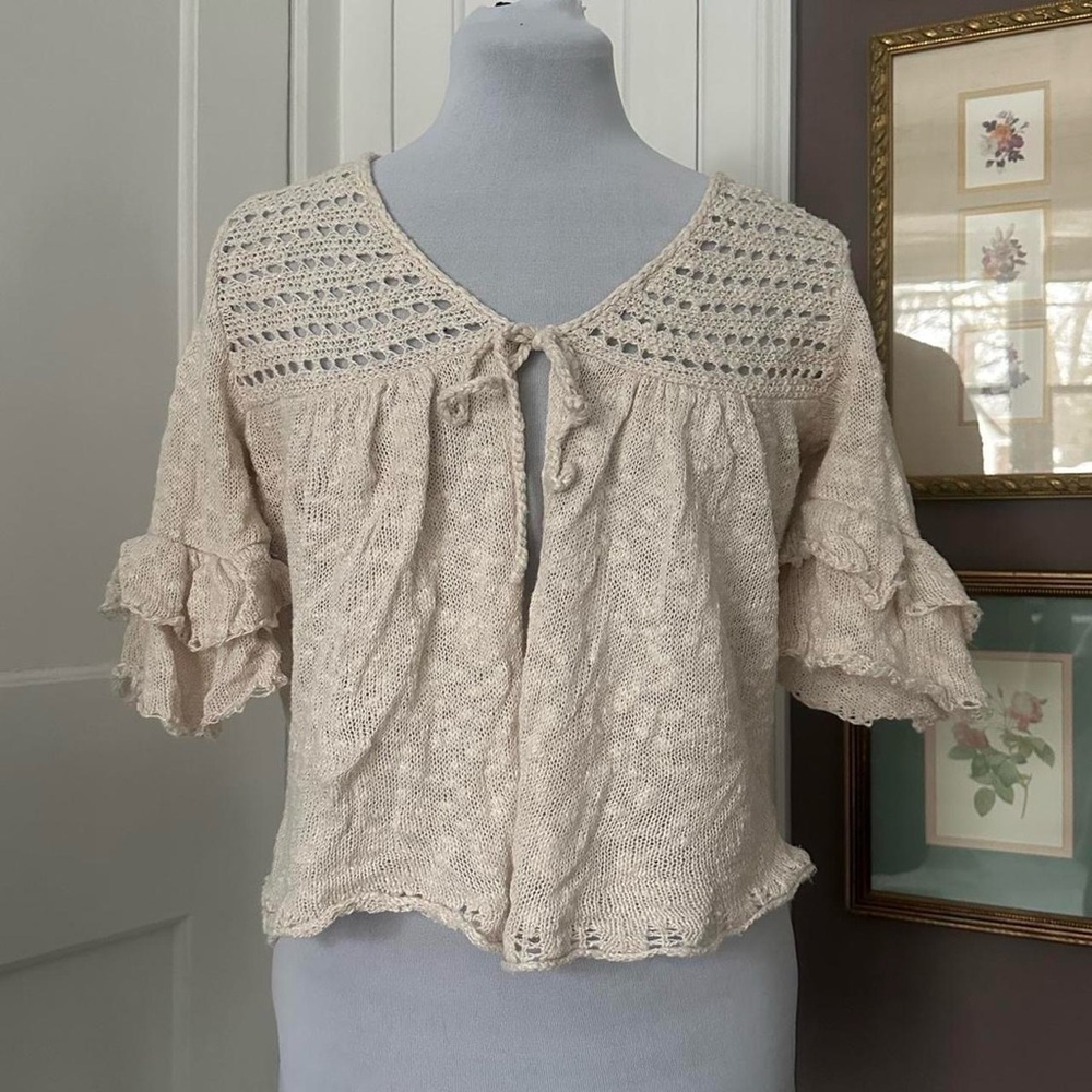 Loft cream tie-front knit ruffly sleeve blouse cardigan